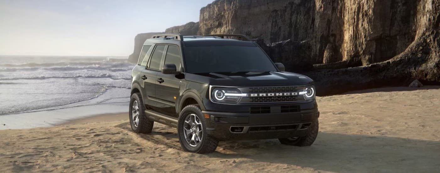 A black 2025 Ford Bronco Sport Badlands parked off-roading.